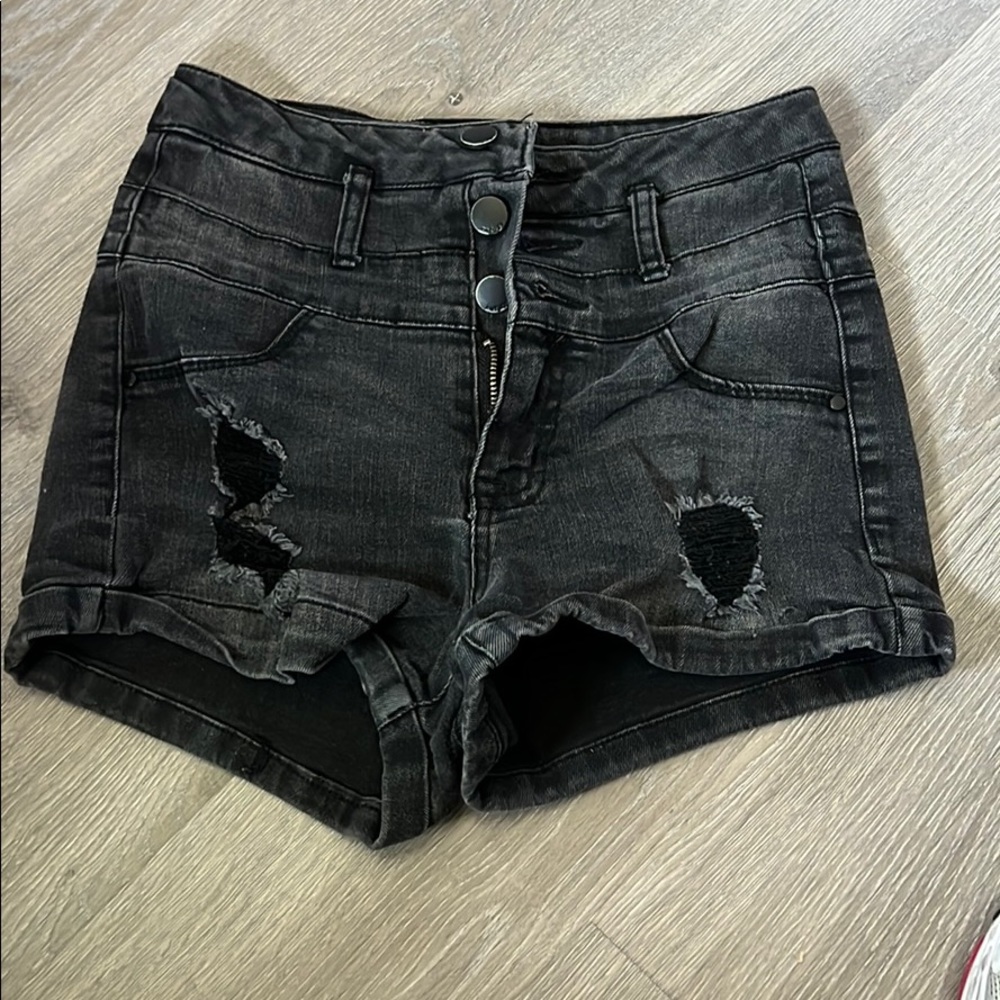 Black denim shorts button fly. Size 0